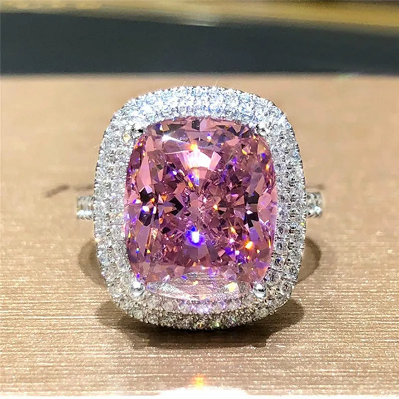 Huitan Personality Big Pink Cubic Zirconia Wedding Rings for Women Romantic Bridal Marriage Ceremony Party Rings Fashion Jewelry LUXLIFE BRANDS