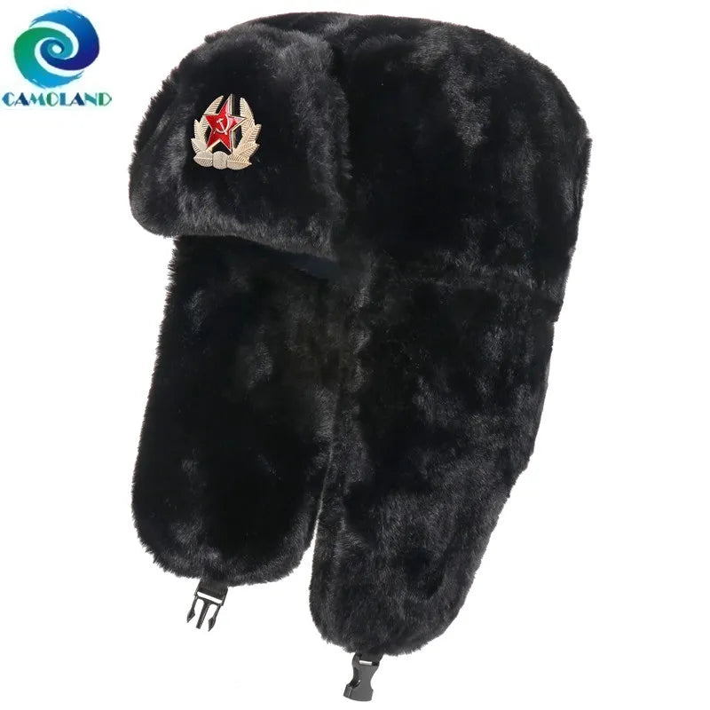 CAMOLAND Women Winter Hats Warm Faux Fur Bomber Hat For Men Soviet Army Military Badge Caps Male Thermal Earflap Cap Russia Hat LUXLIFE BRANDS