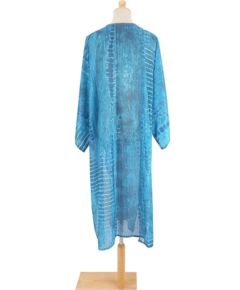 TEELYNN Blue Cotton Print Summer Bikini Cover Up Sexy Loose Boho Kimono Vestidos Women Long Sleeve Tunic Top Blouse