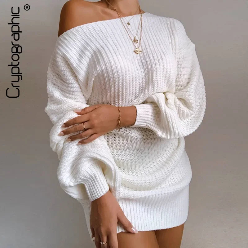 Cryptographic Casual Knitted Mini Dress Women Autumn Winter Sweaters Balloon Long Sleeve Knitwear Women's Dresses Loose Jersey LUXLIFE BRANDS