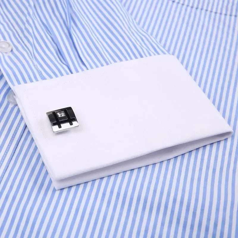 Men&#39;s Classic French Cuffs Striped Dress Shirt Single Patch Pocket Standard-fit Long Sleeve Wedding Shirts Cufflink Included