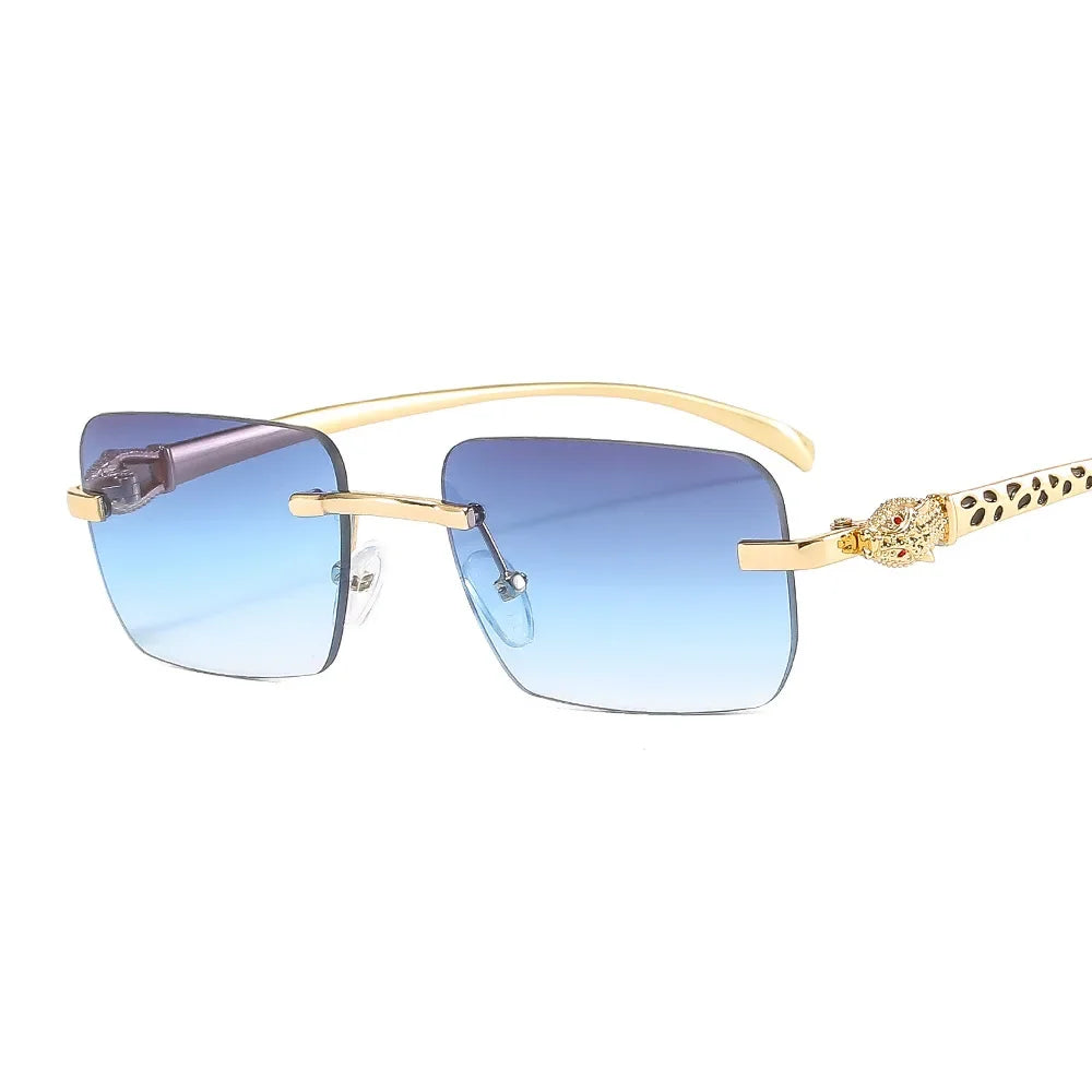 Vintage Fashion Rimless Small Square Sunglasses Women Men Luxury Brand Designer Travel Driving Metal Leopard Head Sun Glasses Luxlife Brands