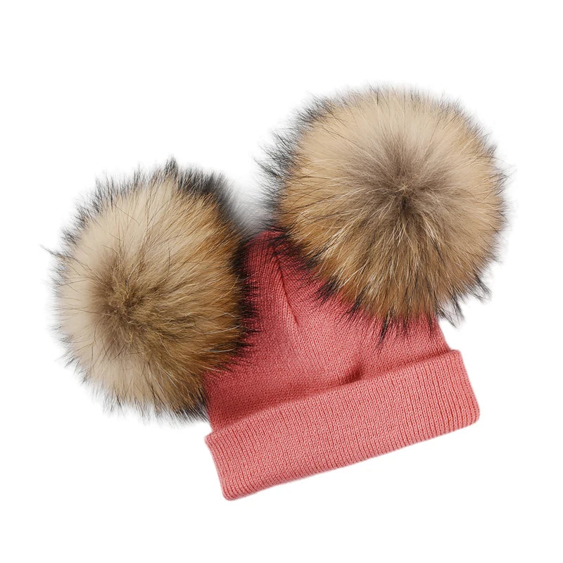 Winter Kids Knit Natural Raccoon Fur Double Pompom Hat For Girls Crochet Real Hair Baby Cap Scarf Children Beanie Bonnet LUXLIFE BRANDS