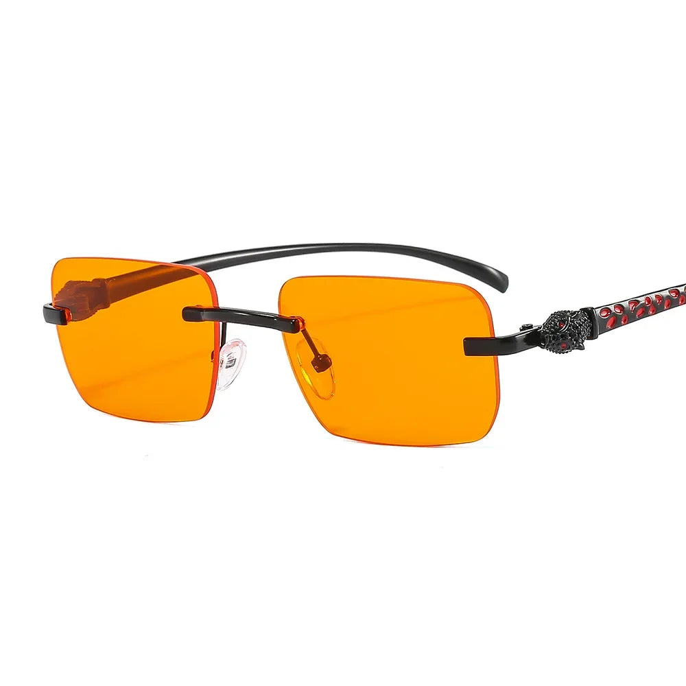 Vintage Fashion Rimless Small Square Sunglasses Women Men Luxury Brand Designer Travel Driving Metal Leopard Head Sun Glasses Luxlife Brands