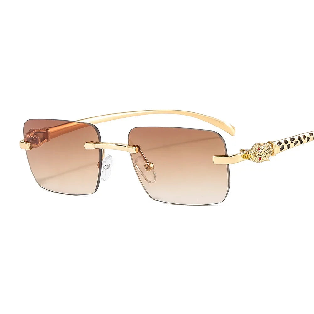 Vintage Fashion Rimless Small Square Sunglasses Women Men Luxury Brand Designer Travel Driving Metal Leopard Head Sun Glasses Luxlife Brands