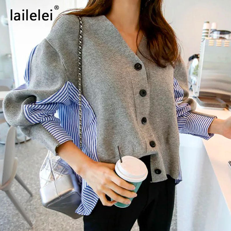 Female Patchwork Sweater Button Cardigan Laine Lovely Jumper V Neck Black Grey Sweaters Casual Women Autumn Knitting Stripe Tops