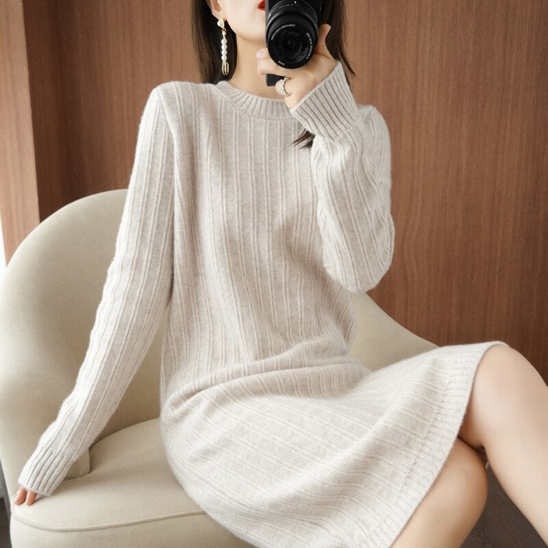 New 100%Pure Cashmere Knit Dress Women Wool Long Sweater Wild Over-Knee Bag Buttocks Large Size 2021Winter Long Skirt Thick Warm