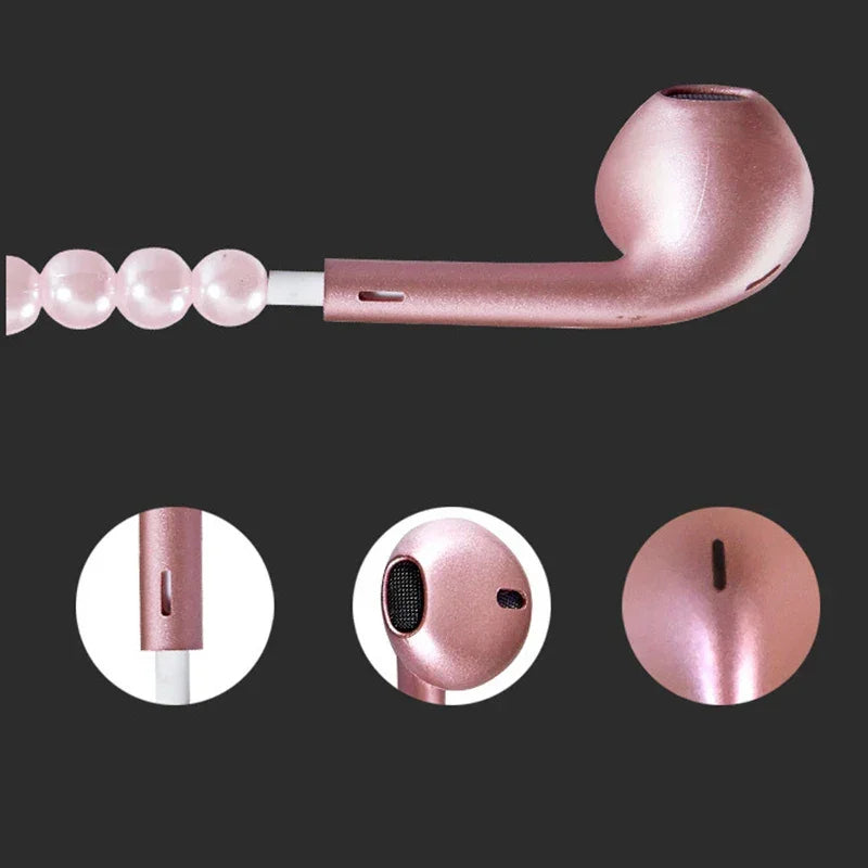 VAORLO 3.5mm Pearl Necklace Earphone Pink Rhinestone Jewelry In-Ear Headphone With Mic For Samsung Xiaomi Girl Birthday Gift