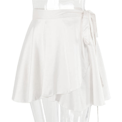 White Elegant Satin 2 Two Piece Set Women Lantern Long Sleeve Crop Tops Cardigan Sexy High Waist Mini Tennis Sport Skirts New