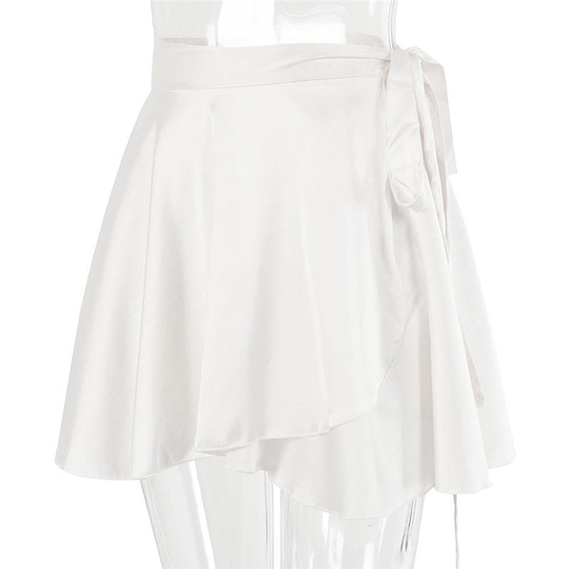 White Elegant Satin 2 Two Piece Set Women Lantern Long Sleeve Crop Tops Cardigan Sexy High Waist Mini Tennis Sport Skirts New LUXLIFE BRANDS