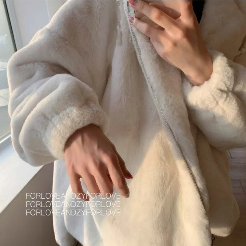Women Korean Large Sizes Winter Casual Faux Rabbit Fur Coats Luxury Hooded Loose Thicken Warm Short Outerwear Female LUXLIFE BRANDS