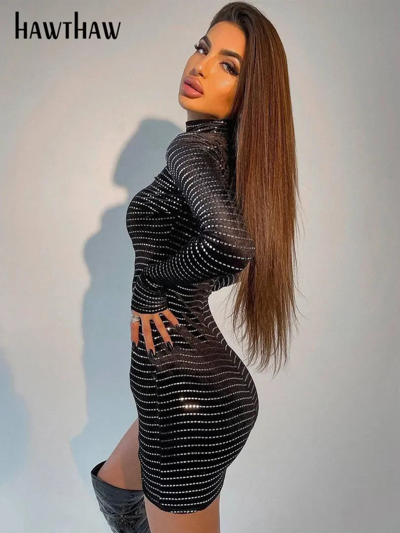 Hawthaw Women Fashion Autumn Winter Long Sleeve Bodycon Party Club Black Sequin Mini Dress 2021 Wholesale Items For Business LUXLIFE BRANDS