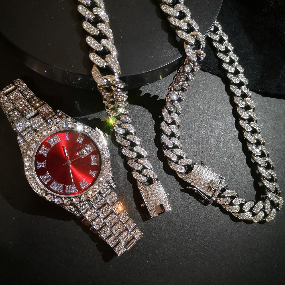 Iced Out Watch, Mens Cuban Link Chain Jewelry