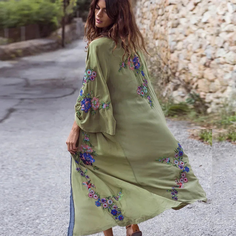 Long Boho Floral Embroidery Beach Kimono LUXLIFE BRANDS