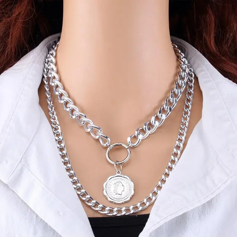 Vintage Multi Layered Gold Color Portrait Chain Chokers Necklace for Women Fashion Coin Thick Chain Pendant Necklace Jewelry