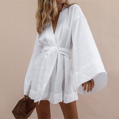Women's V-Neck Kimono Cardigan Mini Dress Cotton Linen Long Sleeve Sashes Dresses Robe Style Lace Up Summer Loose Vestidos