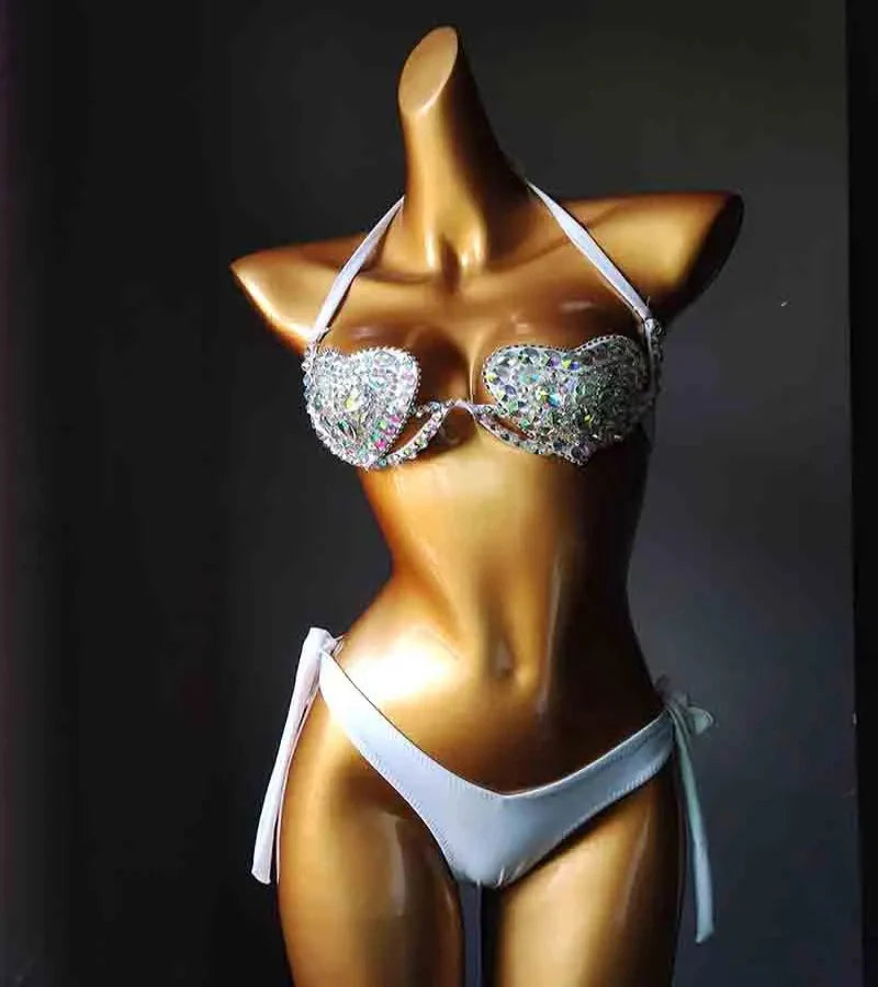 The Venus Vacation Deep-V Bikini – Luxe Rhinestone Embellished Showgirl Swim Set