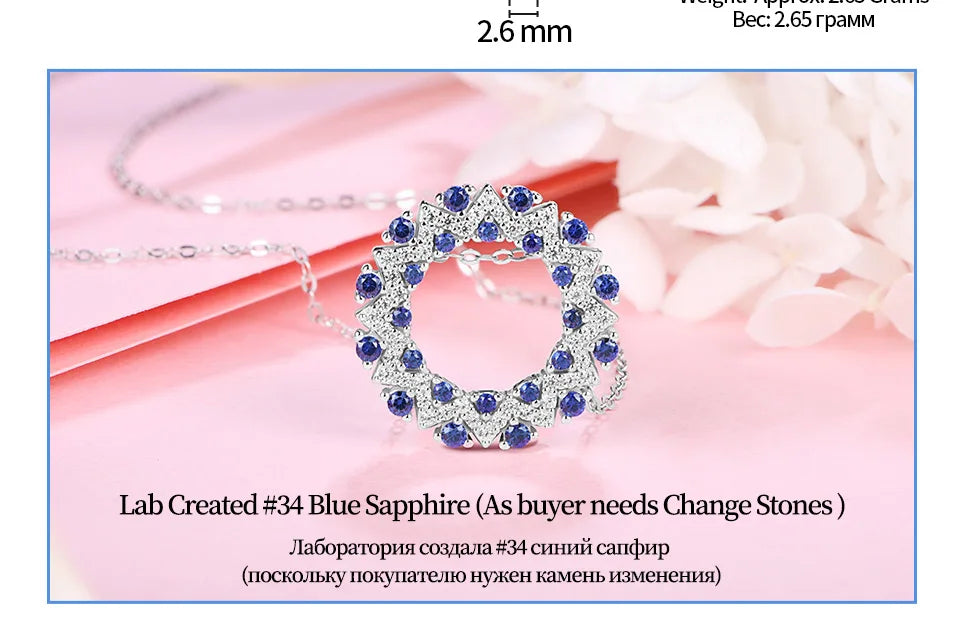 ATTAGEMS Created Blue Sapphire Solid 925 Sterling Silver Halo Pendant Necklace For Women Christmas Engagement Wedding Party Gift Luxlife Brands