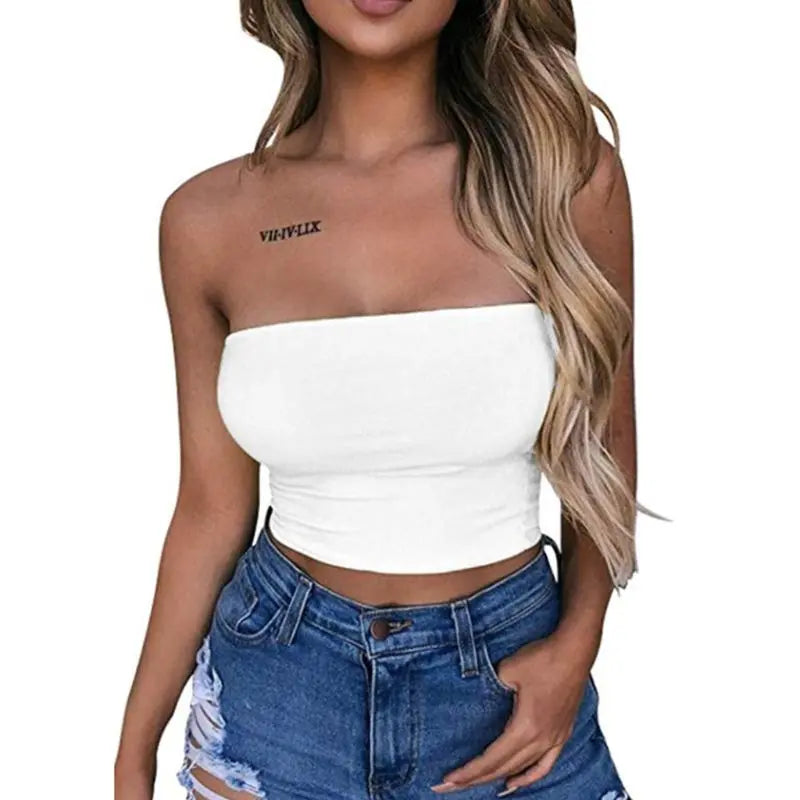 Women Sexy Strapless Off Shoulder Crop Tube Top Solid Color Stretchy Bandeau Seamless Casual Basic Breast Wrap No-Padded Bra