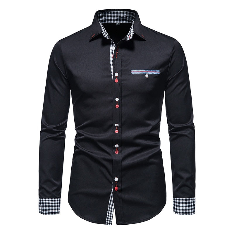 PARKLEES 2023 Autumn Plaid Patchwork Formal Shirts for Men Slim Long Sleeve White Button Up Shirt Dress Business Office Camisas