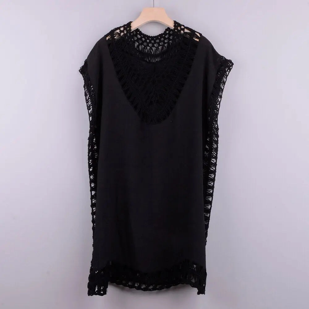 Embroidery Coverups For Women Tunic Beach Cover Up Dress Solid Blouse Beachwear Lace Fishnet Bikini Wrap 2021 Black Cover-Up