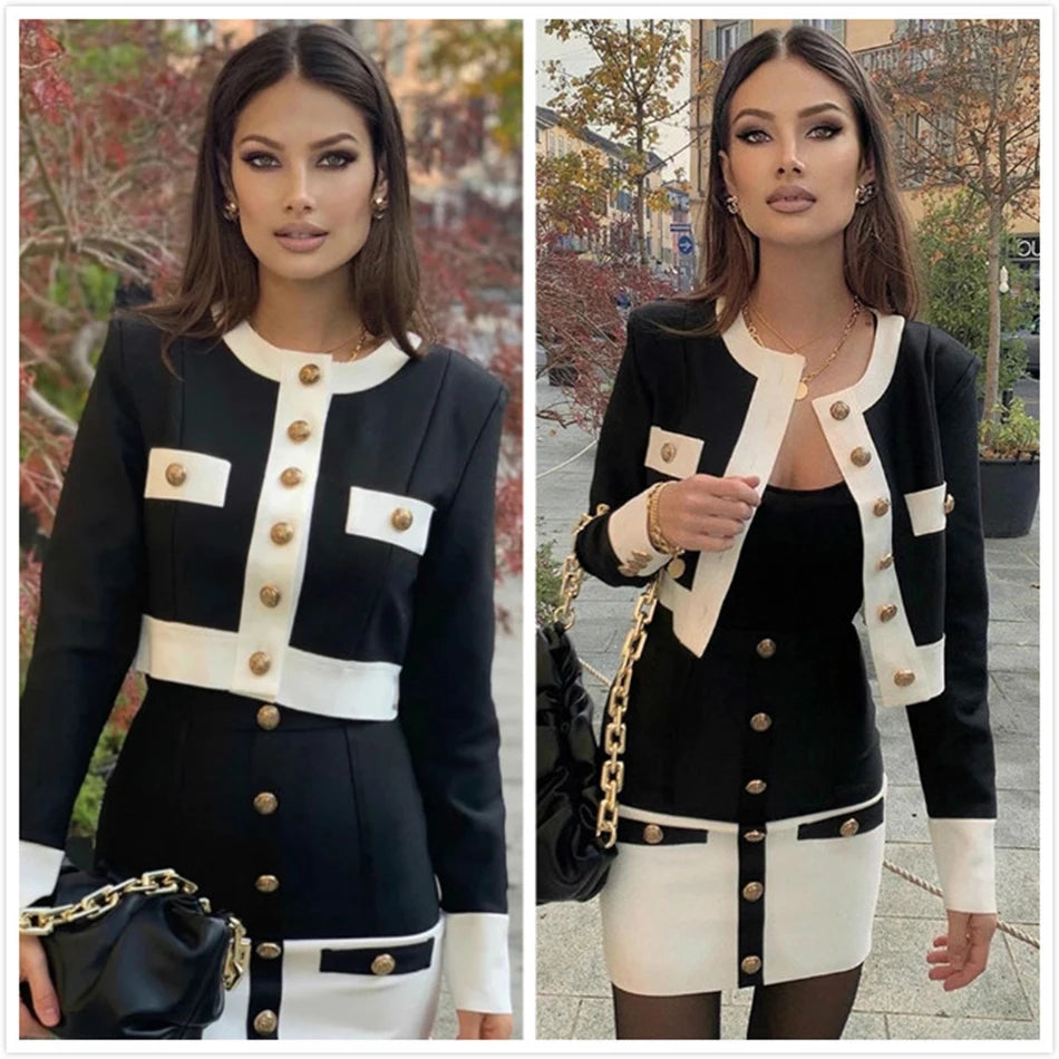 Free Shipping Spring 2023 Women Single-breasted Bandage Set O-Neck Long Sleeve Short Top & High Waist Skirt Two-piece Party Set