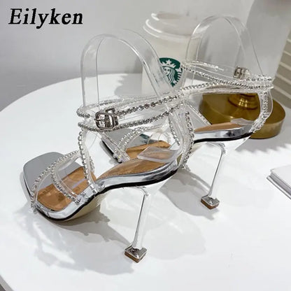 Eilyken 11CM High Heels PVC Transparent Crystal Women Sandals Summer Fashion Silver Rhinestone Sexy Square Toe Party Pumps