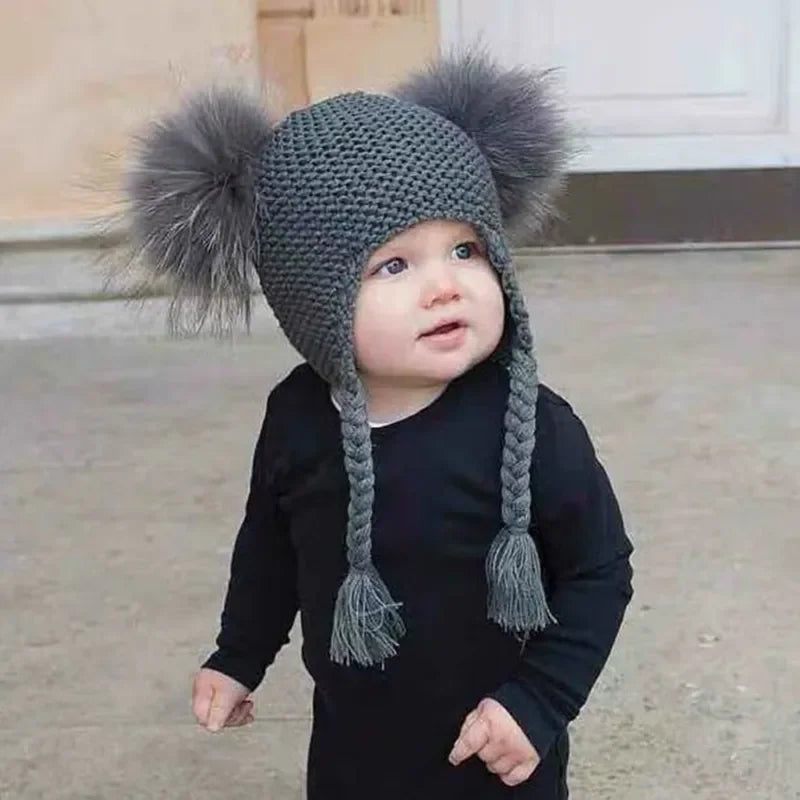 New Autumn Winter Baby Kids Beanie 15 CM Real Fur Pompom Hat For Children Warm Wool Knitted Earflap Cap LUXLIFE BRANDS