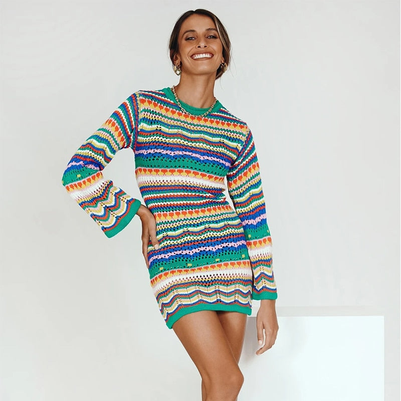 wsevypo Bohemian Color Block Striped Knit Crochet Sweaters Dress Autumn Women's Long Sleeve Crew Neck Mini Bodycon Dress