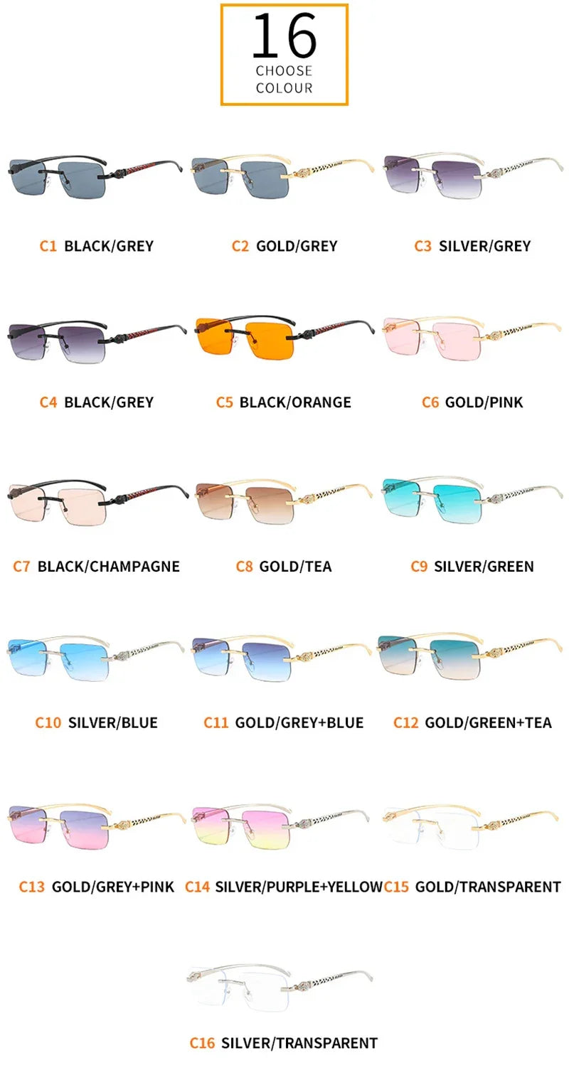 Vintage Fashion Rimless Small Square Sunglasses Women Men Luxury Brand Designer Travel Driving Metal Leopard Head Sun Glasses Luxlife Brands