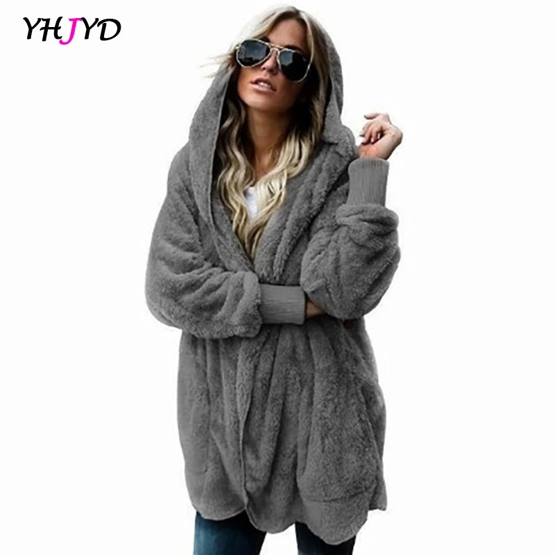 Faux Fur Coat Women 2022 Autumn Winter Warm Soft Long Fur Jacket Outwear Plush Overcoat Pocket Buttonless Cardigan with hood LUXLIFE BRANDS