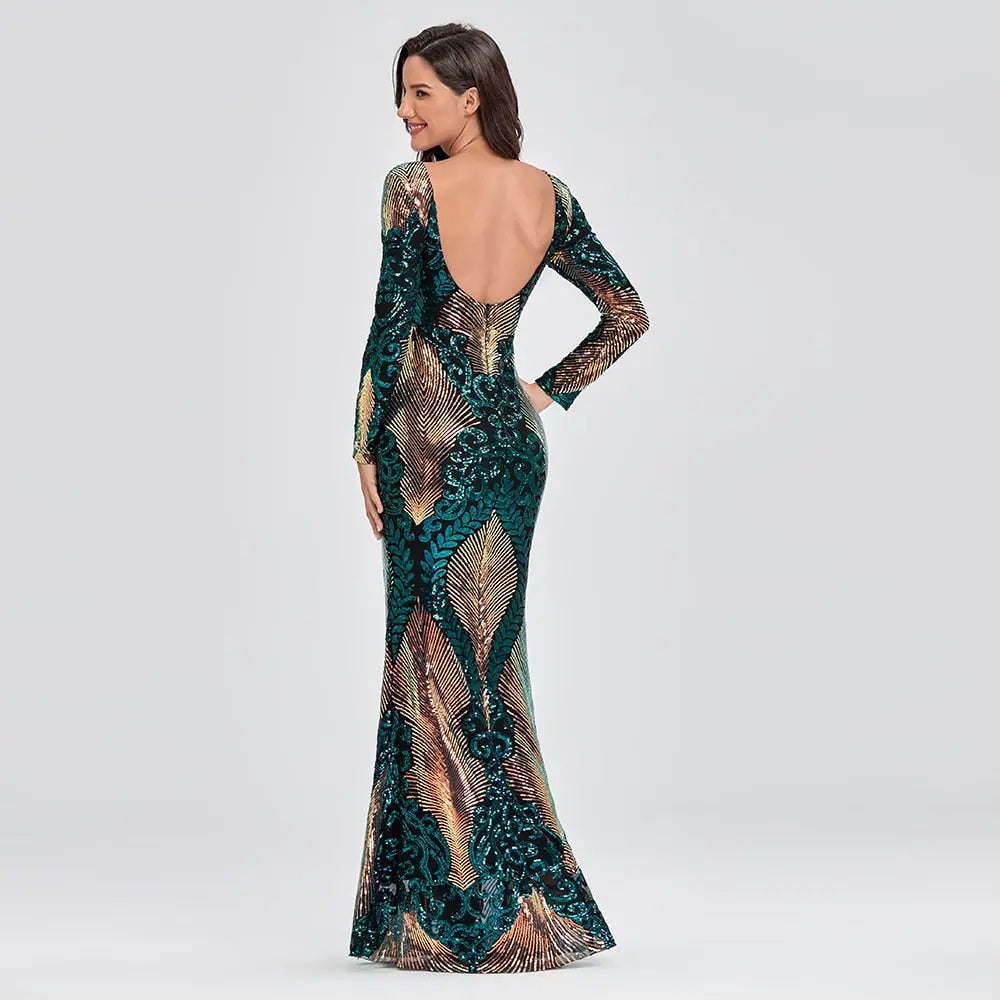 O-neck Long-Sleeve Shinning Sequins Evening Dresses Sexy Backless Mermaid Party Gowns Maxi Elegant Multi Female Robes Vestidos