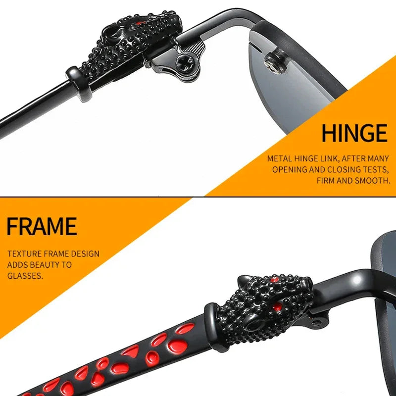 Vintage Fashion Rimless Small Square Sunglasses Women Men Luxury Brand Designer Travel Driving Metal Leopard Head Sun Glasses Luxlife Brands