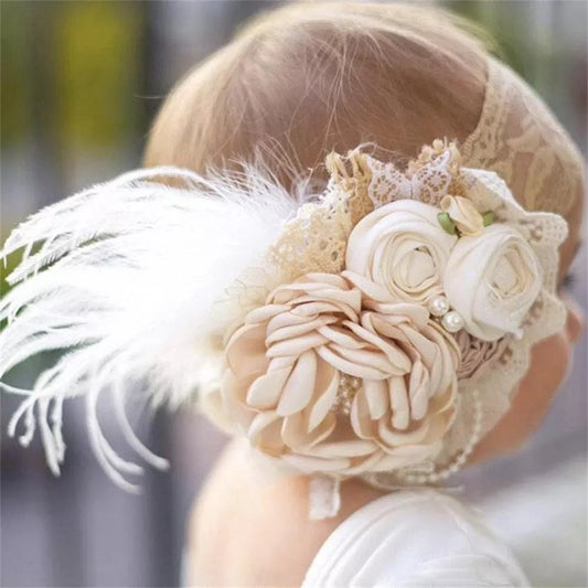 Vintage Flower Headband Baby Girls Headwraps Newborn Photography Props Gifts Lace Elastic Hair Bands Pearl Feather Accessories LUXLIFE BRANDS