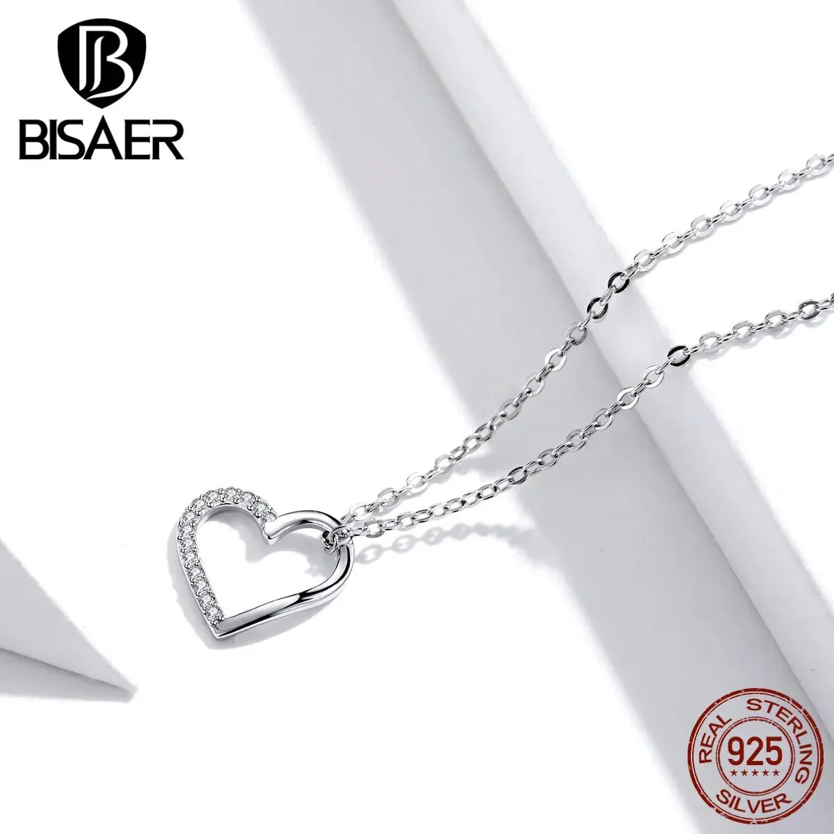 BISAER 925 Sterling Silver Simple Love Heart Pendant Necklace Zircon Adjustable Chain For Women Wedding Fine Jewelry 3 Colors