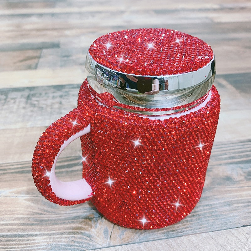 Sparkling Coffee Mug with Lid Ceramic Crystal Rhinestones Tumbler Cup Long Distance Relationship Gifts Milk Water Cups Cute