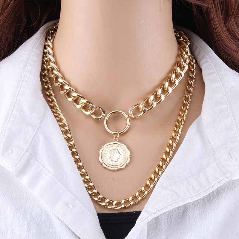 Vintage Multi Layered Gold Color Portrait Chain Chokers Necklace for Women Fashion Coin Thick Chain Pendant Necklace Jewelry