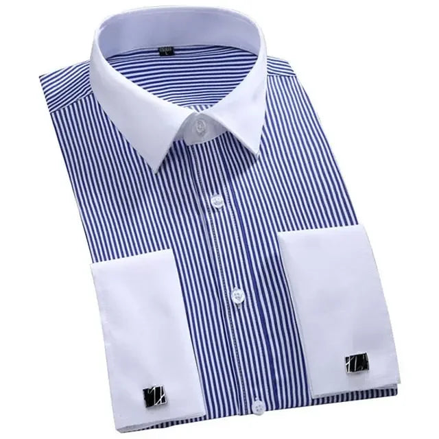 Men&#39;s Classic French Cuffs Striped Dress Shirt Single Patch Pocket Standard-fit Long Sleeve Wedding Shirts Cufflink Included
