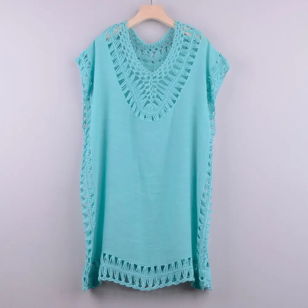 Embroidery Coverups For Women Tunic Beach Cover Up Dress Solid Blouse Beachwear Lace Fishnet Bikini Wrap 2021 Black Cover-Up