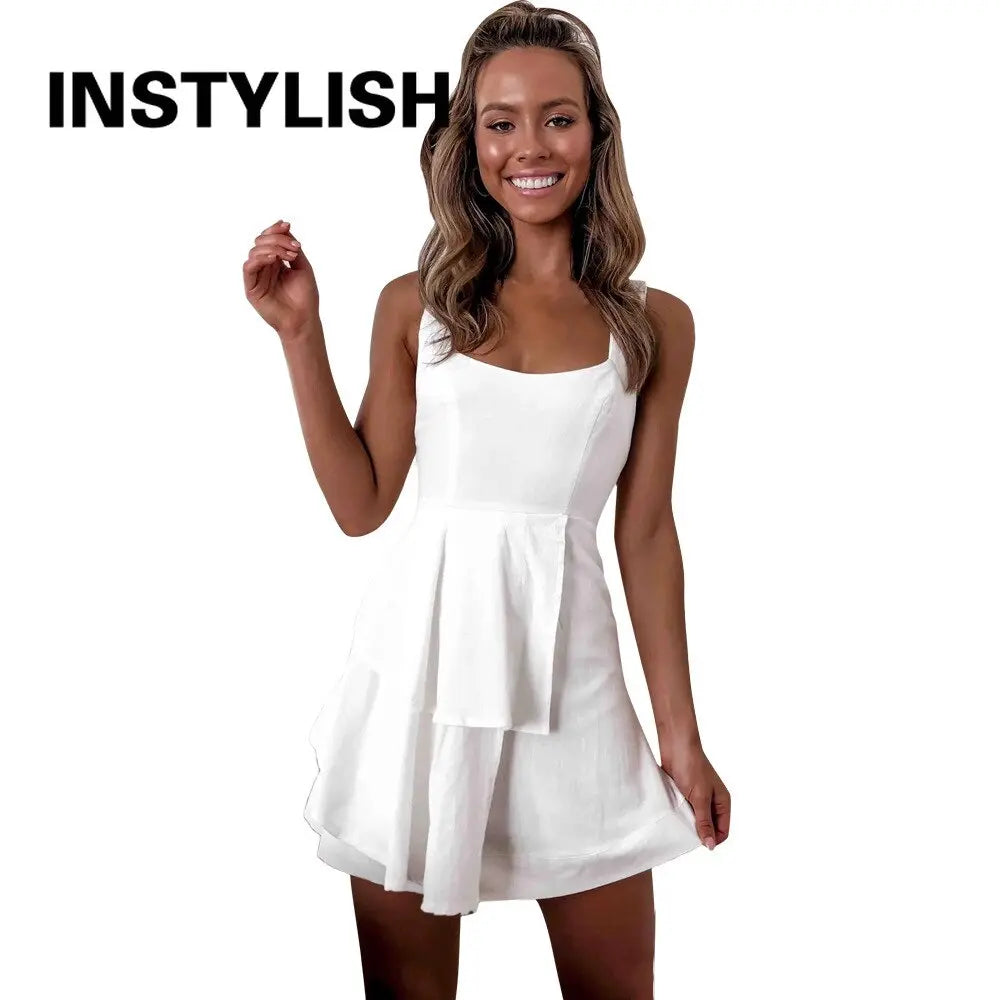 Women Elegant Solid Backless Lace Up Patchwork Mini Dress Sexy Sleeveless Tank Dress Casual White Black Beach Party A Line Dress