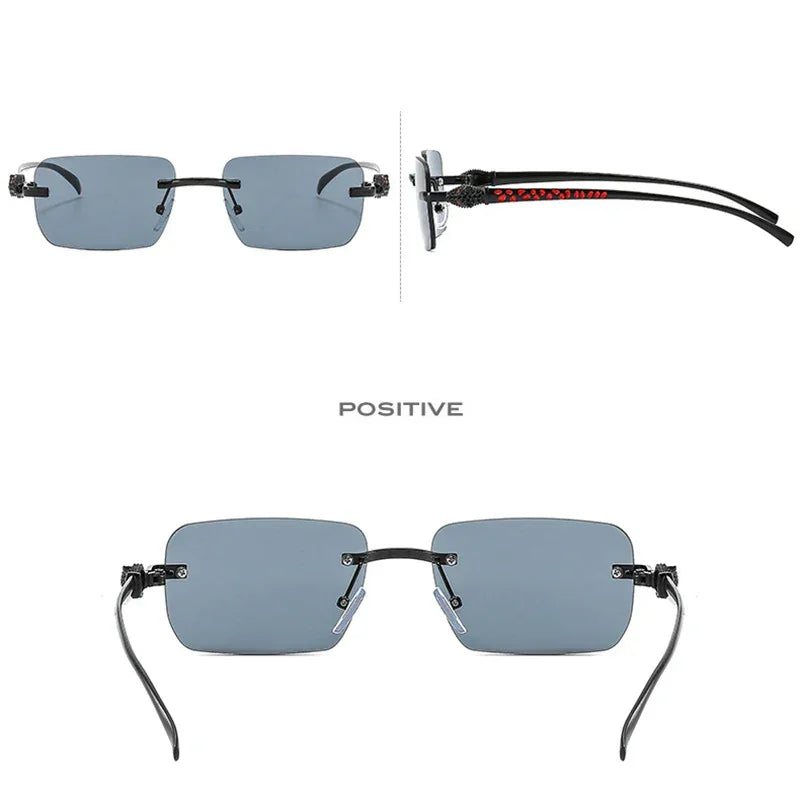 Vintage Fashion Rimless Small Square Sunglasses Women Men Luxury Brand Designer Travel Driving Metal Leopard Head Sun Glasses Luxlife Brands