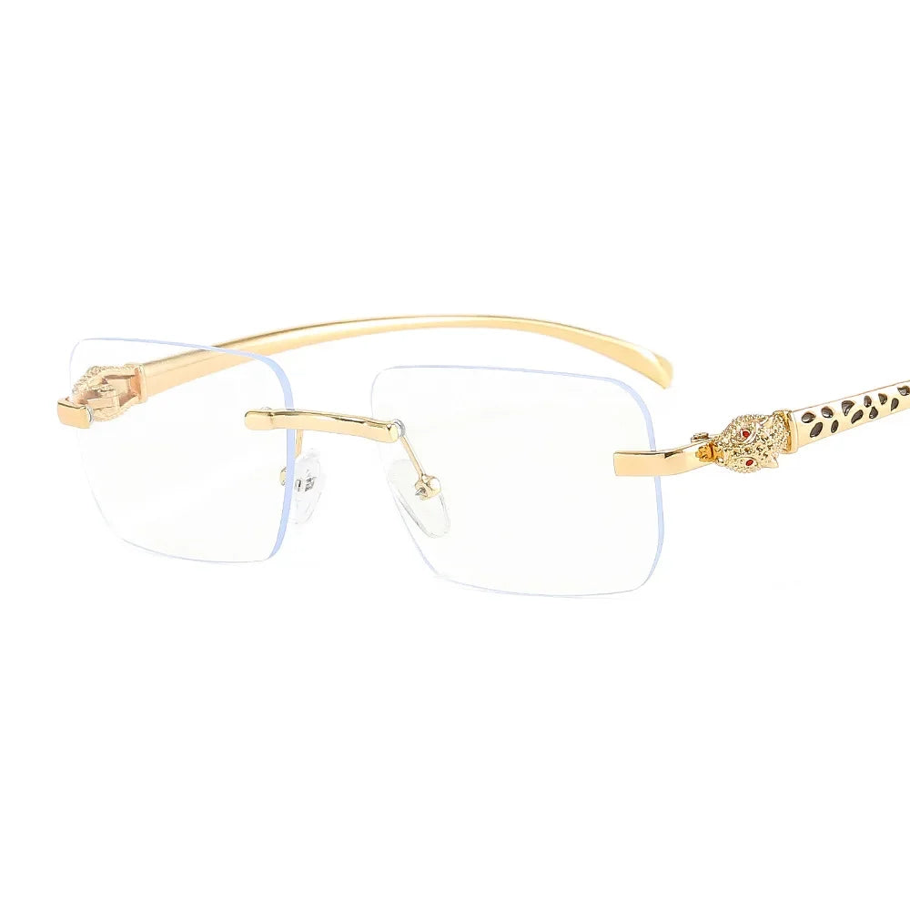 Vintage Fashion Rimless Small Square Sunglasses Women Men Luxury Brand Designer Travel Driving Metal Leopard Head Sun Glasses