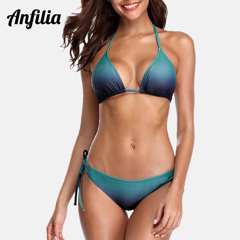 Anfilia Women's Bikini Set Gradient Swimwear Halter Swimsuit Side Bandage Bathing Suit Beachwear Sexy Bikini Luxlife Brands