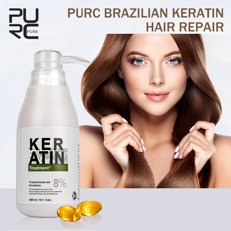 PURC Brazilian Keratin Treatment Straightening Hair 8% Formalin 300ml Pure Eliminate Frizz Smoothing Curly Hair Care Products