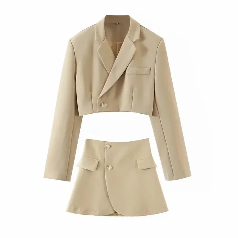 XEASY Women Blazer Clothing Two Piece Set Women Suits With Skirt Female Suit Tweed Long Sleeves Short Skirt Suits Blazer