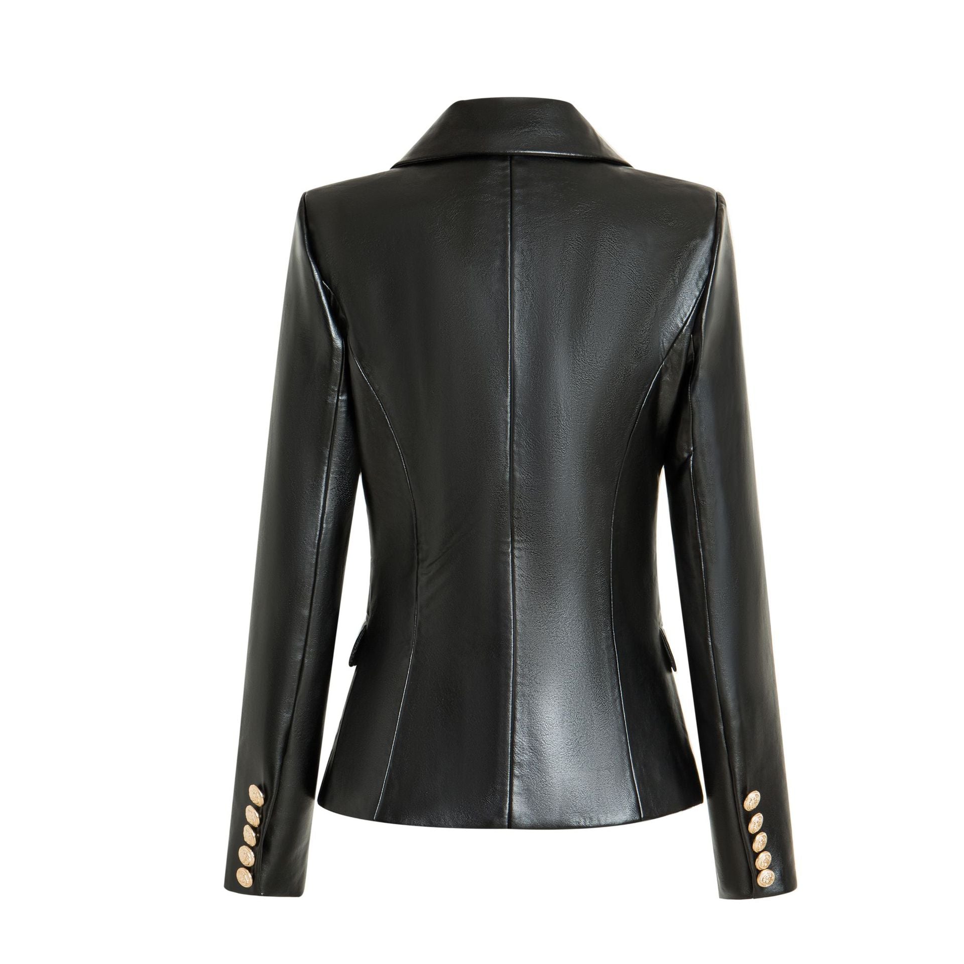 HarleyFashion European American Top Quality PU Leather Fittness Gold Buttons Slim High Street Women Black Blazer