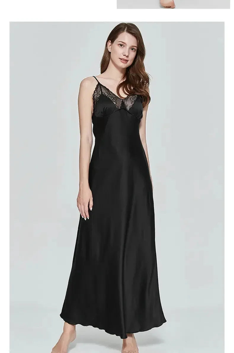Sexy Women Nightgown Long Night Dress Artificial Silk Stain Deep-V Sleepwear Female Dressing Gown Nightie Nightwear - LUXLIFE BRANDS