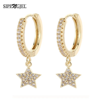 SIPENGJEL Fashion Shiny Zircon Huggie Hoop Earrings Classic Geometric Moon And Star Pendant Hoop Earrings For Women Jewelry Gift LUXLIFE BRANDS