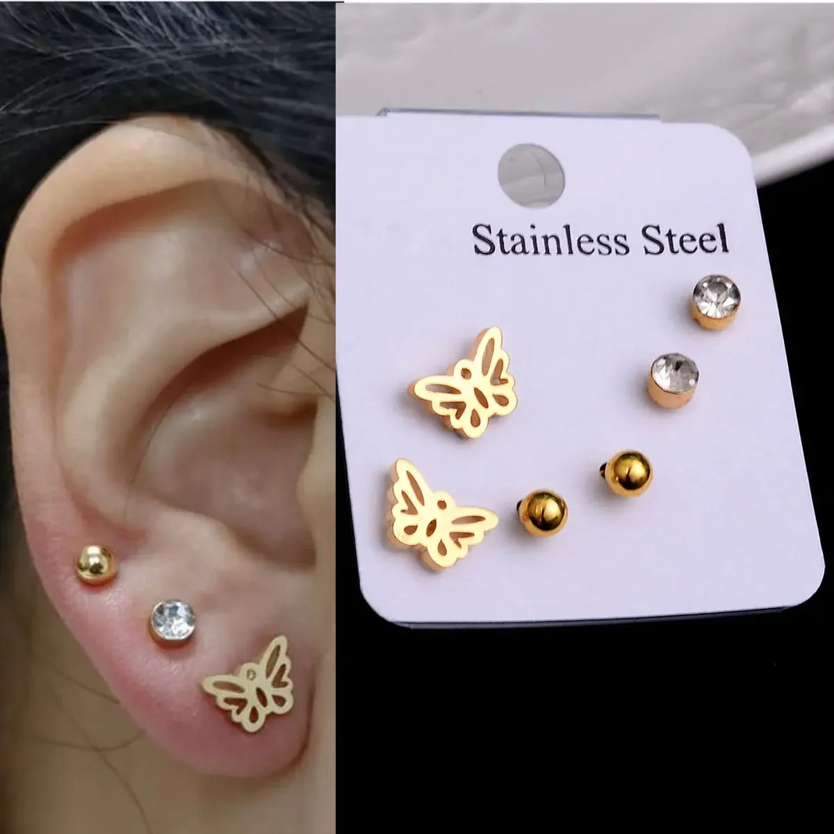 Stainless Steel Earrings Small Cute Butterfly Star Moon Heart Stud Earrings Set Punk Piercing Earing Women&#39;s Minimalist Jewelry