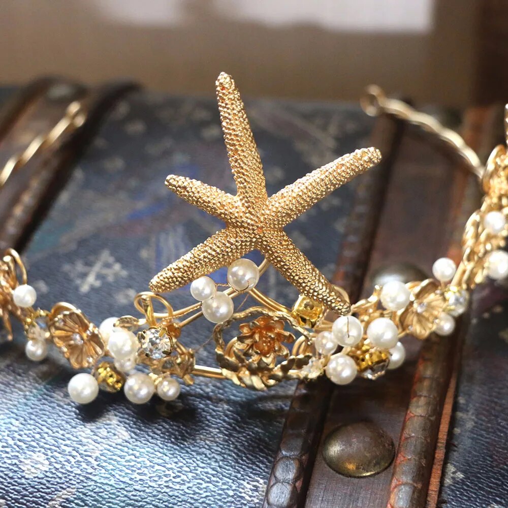 Vintage  Starfish Bridal Crowns Pearl Bridal Tiara Wedding Hair Jewelry Bridal Headbands Women Party Headpiece Prom LUXLIFE BRANDS